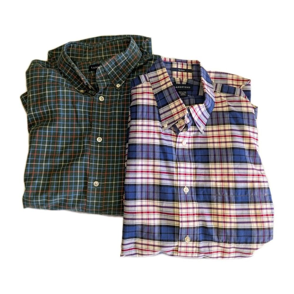 Lands End (Lot of 2) Shirts Men's 16.5 Long Sleeve Button Up Red Blue Green